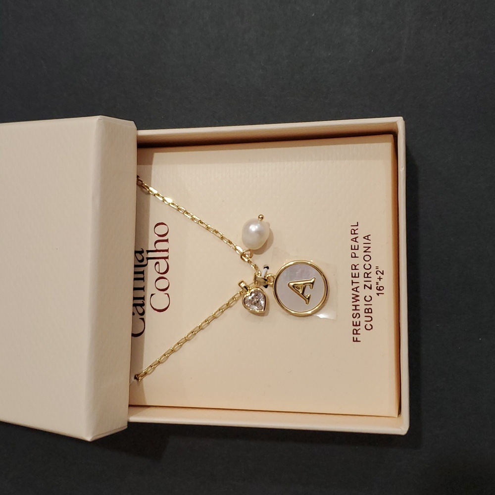 Camila Coelho gold plated freshwater pearl cubic zirconia 16" A initial necklace